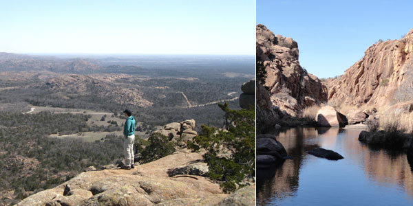 Wichita Mountains National Wildlife Preserve: (L) The view from Elk Mountain. (R) The Narrows.