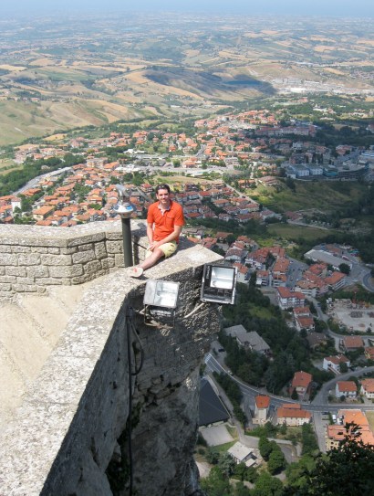 Neil on the parapet wall - Don't look down!