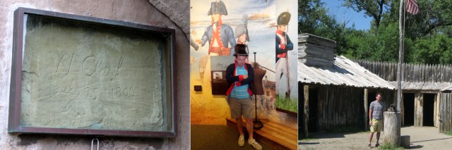 Clark's signature carved into Pompey's Pillar in Montana. Suiting up at the Lewis & Clark interpretive center in Washburn, ND. Re-creation of Fort Mandan.
