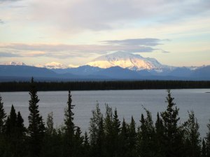 View of Willow Lake from Richardson Highway. Mt Blackburn in the background.