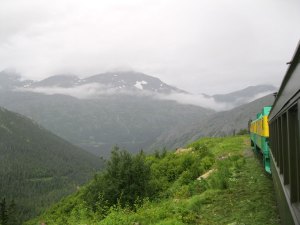 White Pass and Yukon Railroad clings to the side of steep mountains.