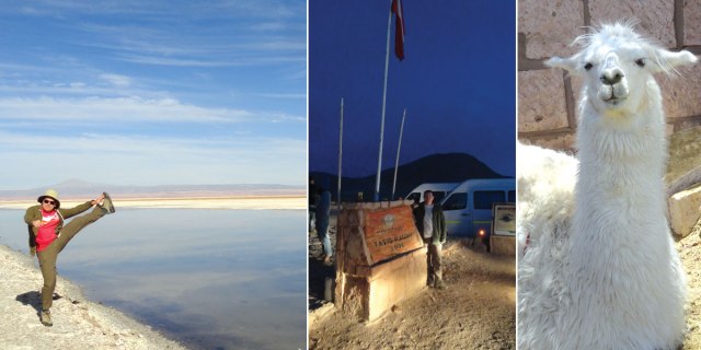 Left: Salar de Atacama high kick. Center: Arriving at El Tatio at 6:30am. Right: What an idiot.