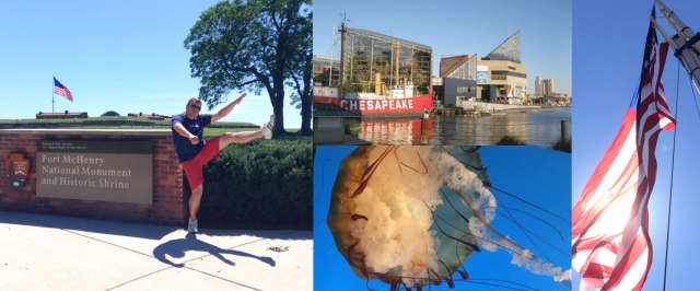Fort McHenry, National Aquarium and Inner Harbor, Jellyfish exhibit and replica of the Star Spangled Banner flying over the fort.