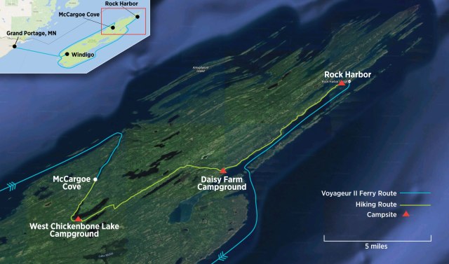Here's a map of where we spent our time on Isle Royale (park #43). The island is 45 miles long. We spent our time on the eastern section, covering about 19 miles on foot.